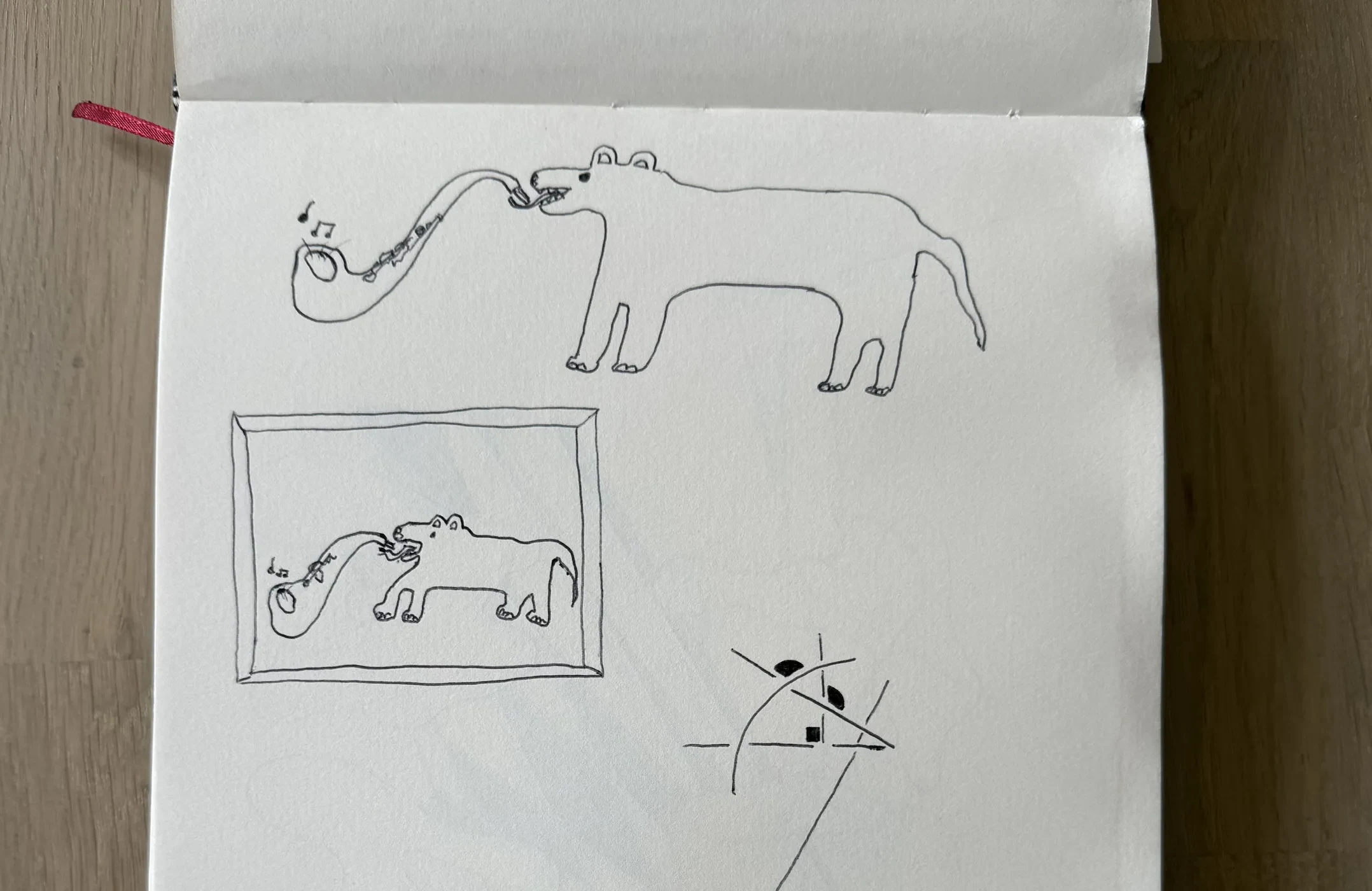 The original sketchbook drawing of the sax playing dog